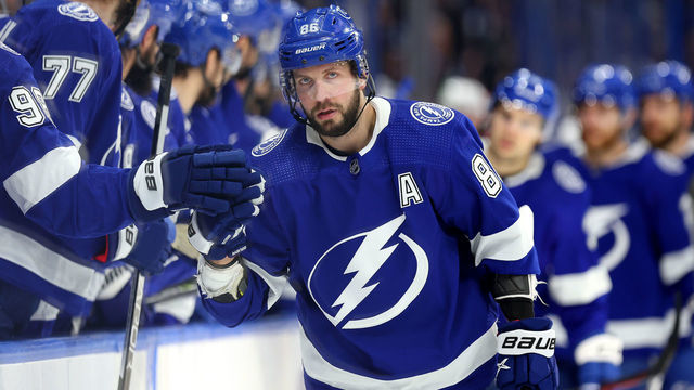 TAMPA, FLORIDA - JANUARY 10: Nikita Kucherov #86 of the Tampa Bay Lightning celebrates a goal in the first period during a game against the Columbus Blue Jackets at Amalie Arena on January 10, 2023 in Tampa, Florida.
