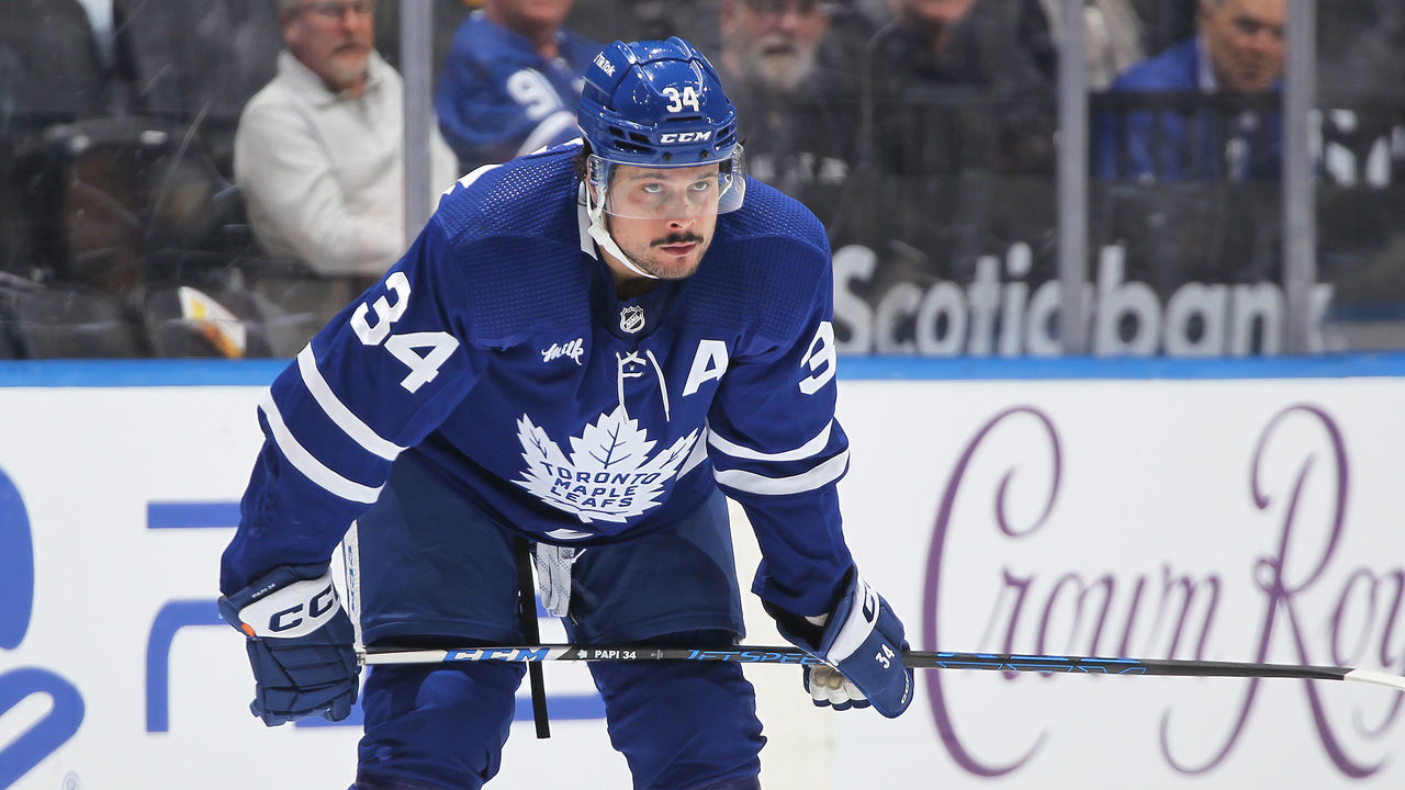 TORONTO, CANADA - JANUARY 7: Auston Matthews #34 of the Toronto Maple Leafs waits for a faceoff against the Detroit Red Wings during an NHL game at Scotiabank Arena on January 7, 2023 in Toronto, Ontario, Canada. The Maple Leafs defeated the Red Wings 4-1.