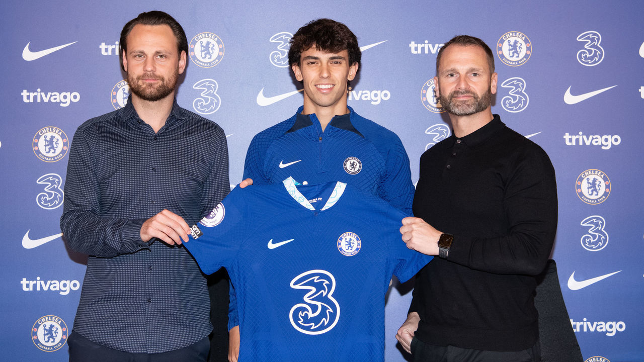 COBHAM, ENGLAND - JANUARY 11: Technical Director Christopher Vivell and Director of Global Talent and Transfers Paul Winstanley Unveil New Signing Joao Felix at Chelsea Training Ground on January 11, 2023 in Cobham, England.