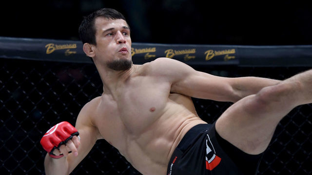 Inglewood, CA - July 31: Usman Nurmagomedov, red gloves, kicks Manny Muro, blue gloves,during Bellator 263: Pitbull vs. McKee at the Forum in Inglewood, CA., Saturday, July 31, 2021. Nurmagomedov defeated Muro by TKO.