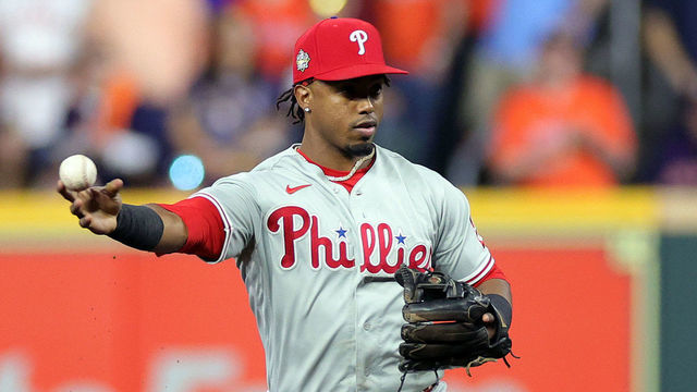 HOUSTON, TEXAS - NOVEMBER 05: Jean Segura #2 of the Philadelphia Phillies throws to first base against the Houston Astros during the fourth inning in Game Six of the 2022 World Series at Minute Maid Park on November 05, 2022 in Houston, Texas.