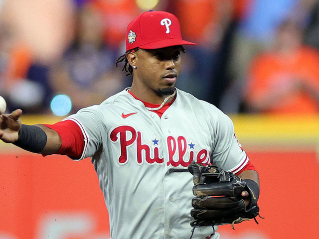 HOUSTON, TEXAS - NOVEMBER 05: Jean Segura #2 of the Philadelphia Phillies throws to first base against the Houston Astros during the fourth inning in Game Six of the 2022 World Series at Minute Maid Park on November 05, 2022 in Houston, Texas.