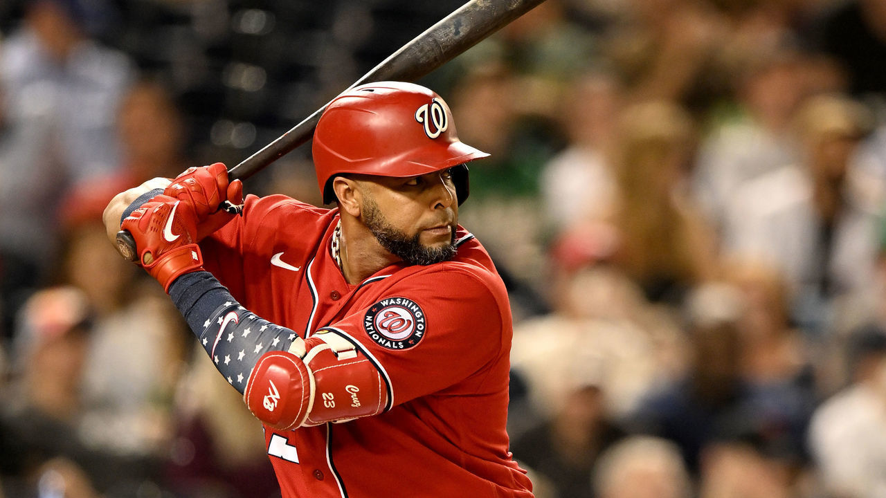 WASHINGTON, DC - AUGUST 31: Nelson Cruz #23 of the Washington Nationals bats against the Oakland Athletics at Nationals Park on August 31, 2022 in Washington, DC.