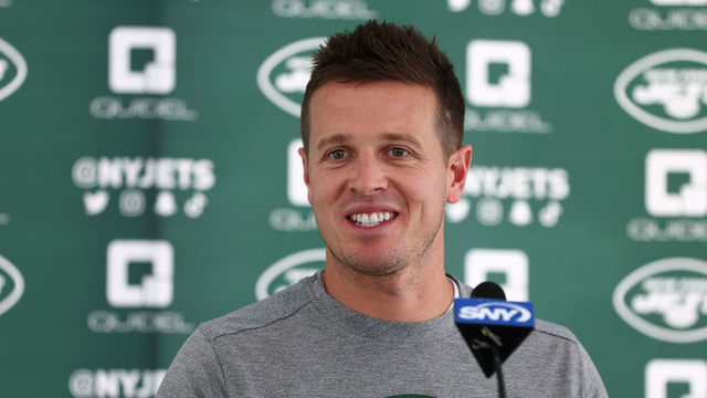 FLORHAM PARK, NJ - AUGUST 01: Offensive Coordinator Mike LaFleur speaks after training camp at Atlantic Health Jets Training Center on August 1, 2022 in Florham Park, New Jersey.
