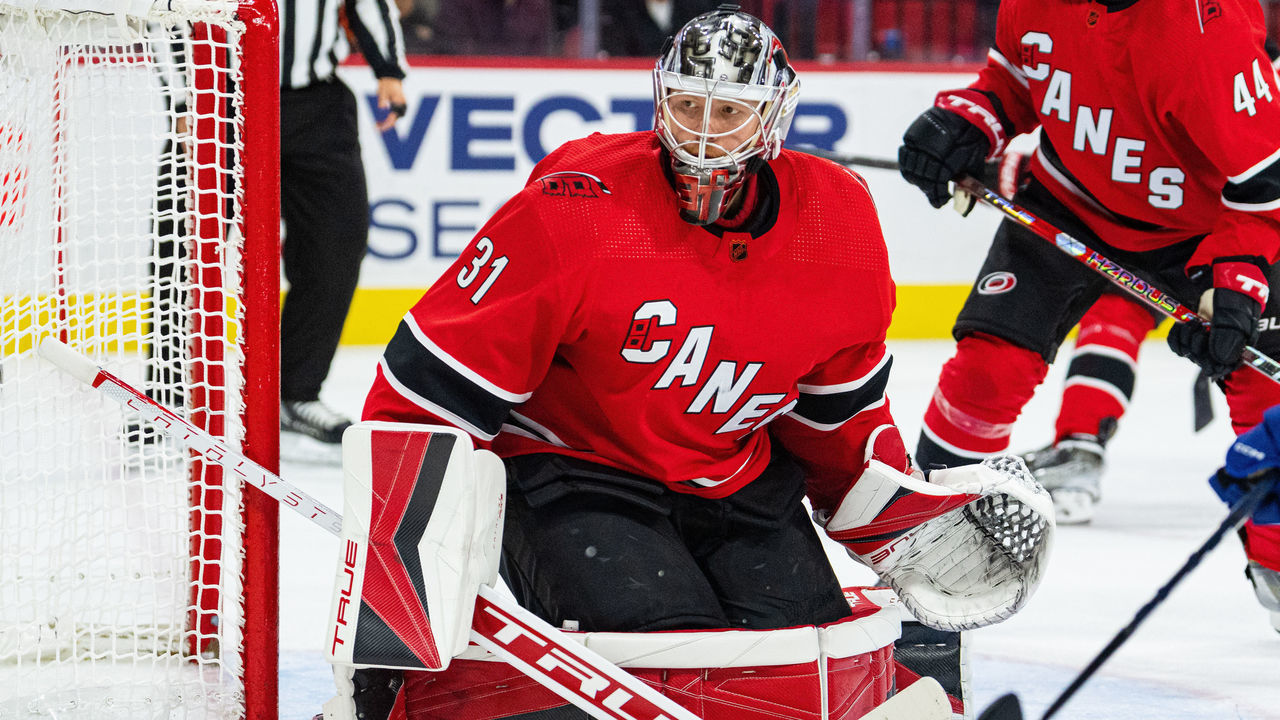RALEIGH, NC - NOVEMBER 06: Goaltender Frederik Andersen #31 of the Carolina Hurricanes crouches in the crease and protects the net during an NHL game against the Toronto Maple Leafs at PNC Arena on November 06, 2022 in Raleigh, North Carolina.