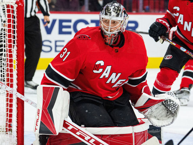 RALEIGH, NC - NOVEMBER 06: Goaltender Frederik Andersen #31 of the Carolina Hurricanes crouches in the crease and protects the net during an NHL game against the Toronto Maple Leafs at PNC Arena on November 06, 2022 in Raleigh, North Carolina.