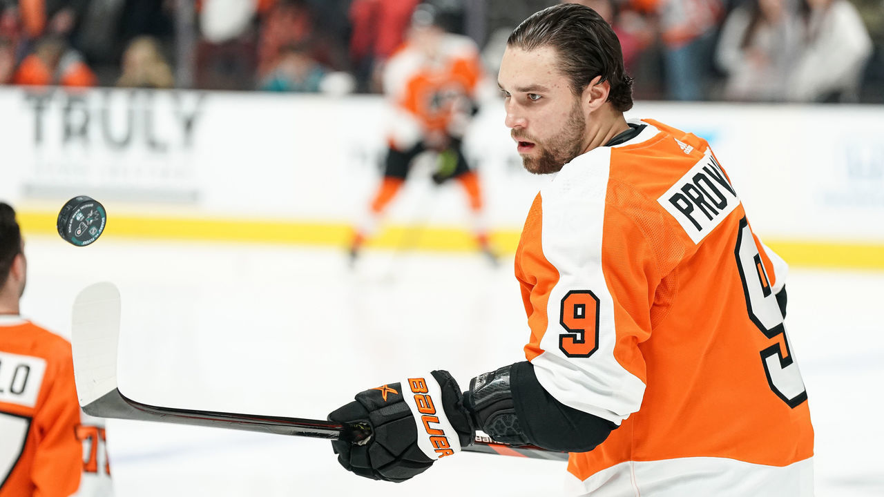 SAN JOSE, CA - DECEMBER 29: Ivan Provorov #9 of the Philadelphia Flyers skates during warmups before the game against the San Jose Sharks at SAP Center on December 29, 2022 in San Jose, California.