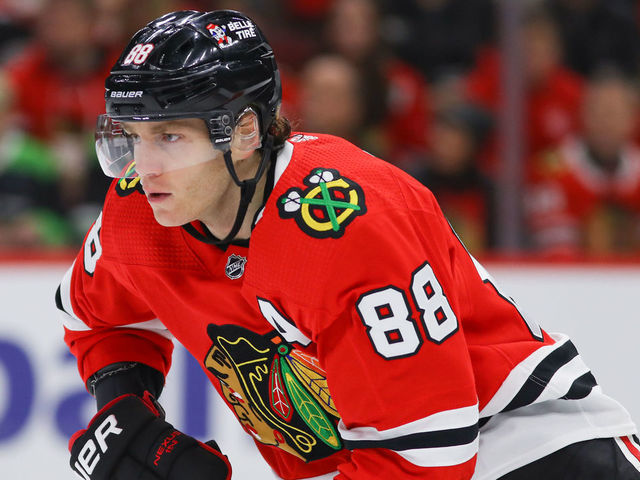 CHICAGO, IL - JANUARY 03: Chicago Blackhawks Right Wing Patrick Kane (88) in action during a game between the Tampa Bay Lightning and the Chicago Blackhawks on January 3, 2023 at the United Center in Chicago, IL.