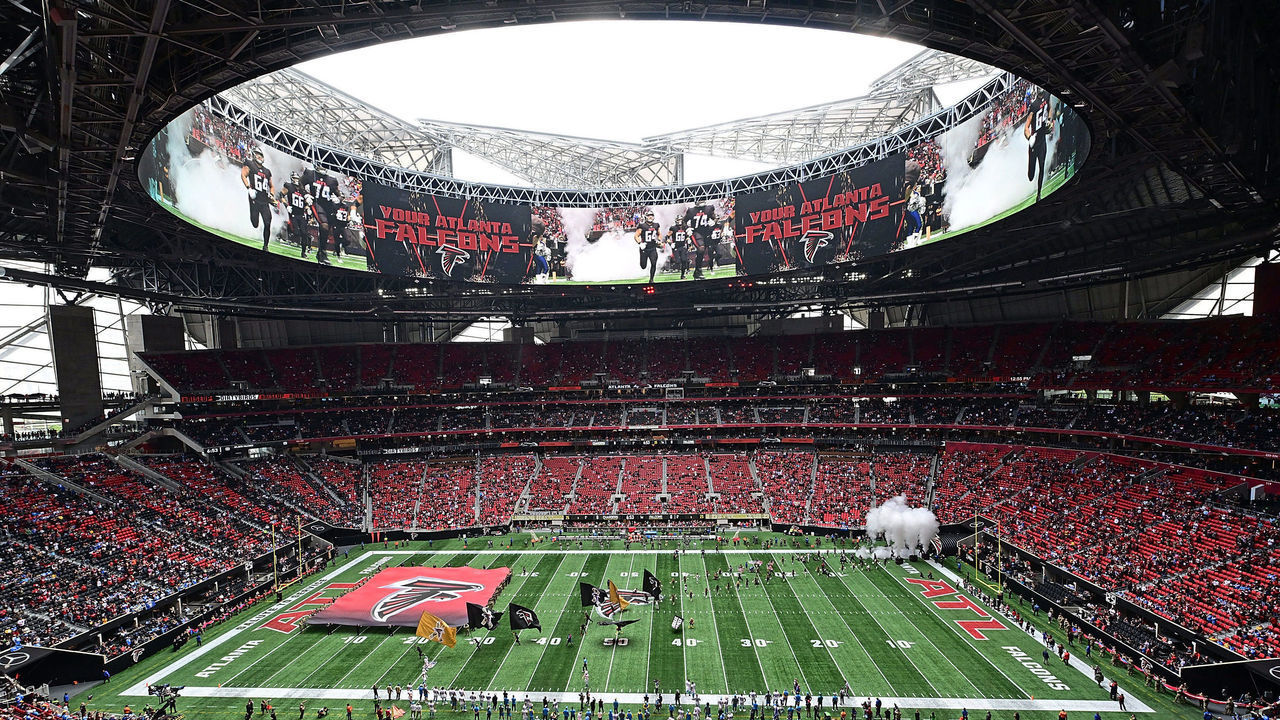 ATLANTA, GEORGIA - NOVEMBER 06: General view of the field during player introductions prior to the game between the Los Angles Chargers and the Atlanta Falcons at Mercedes-Benz Stadium on November 06, 2022 in Atlanta, Georgia.