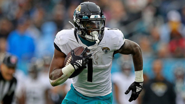 NASHVILLE, TENNESSEE - DECEMBER 11: Travis Etienne Jr. #1 of the Jacksonville Jaguars during the game against the Tennessee Titans at Nissan Stadium on December 11, 2022 in Nashville, Tennessee.