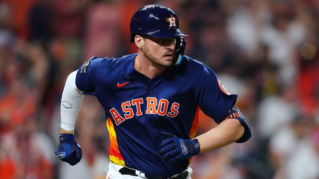 HOUSTON, TX - NOVEMBER 05: Trey Mancini #26 of the Houston Astros runs to first with a single in the third inning during Game 6 of the 2022 World Series between the Philadelphia Phillies and the Houston Astros at Minute Maid Park on Saturday, November 5, 2022 in Houston, Texas.