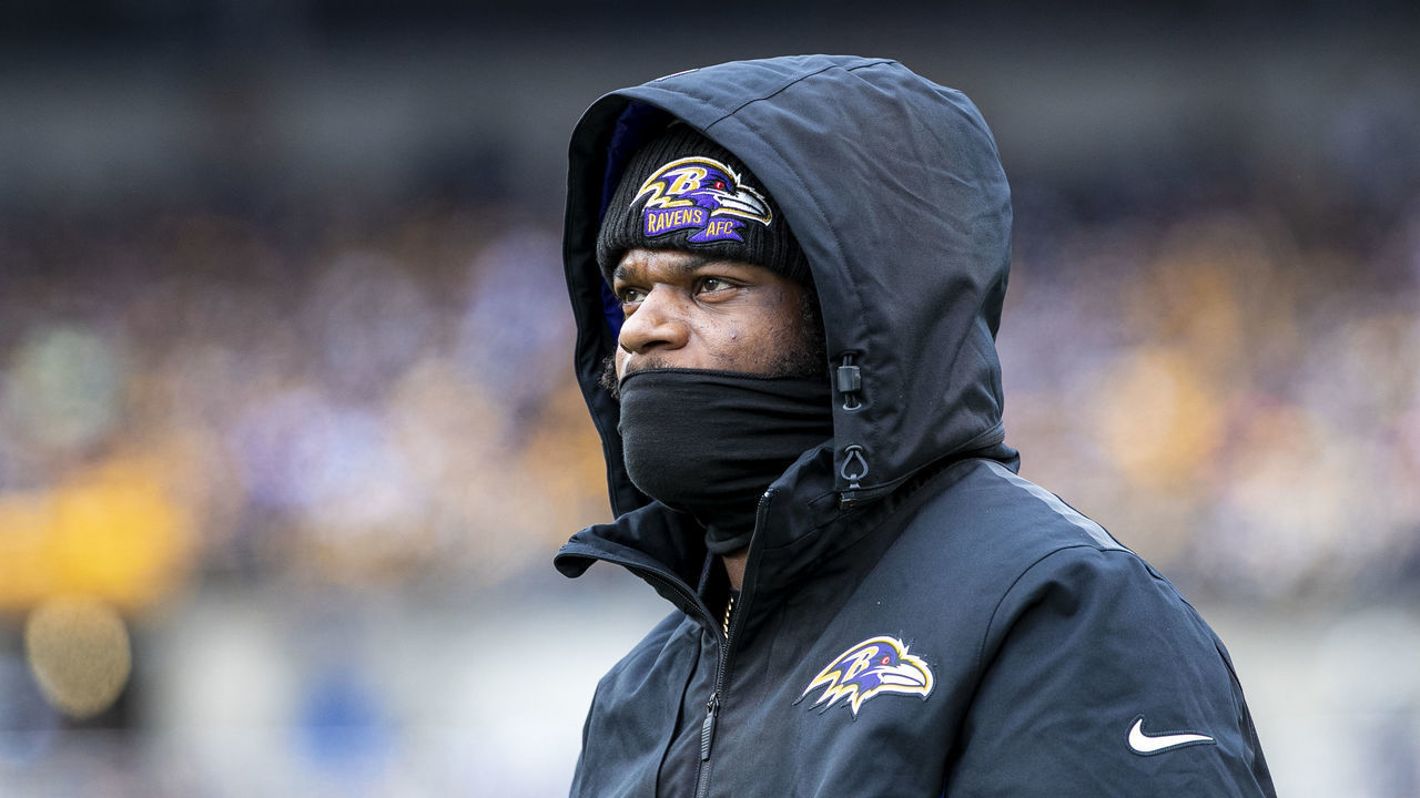 PITTSBURGH, PA - DECEMBER 11: Baltimore Ravens quarterback Lamar Jackson (8) looks on during the national football league game between the Baltimore Ravens and the Pittsburgh Steelers on December 11, 2022 at Acrisure Stadium in Pittsburgh, PA.