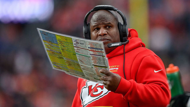 DENVER, COLORADO - JANUARY 08: Offensive coordinator Eric Bieniemy of the Kansas City Chiefs looks on during a game against the Denver Broncos at Empower Field at Mile High on January 8, 2022 in Denver, Colorado.