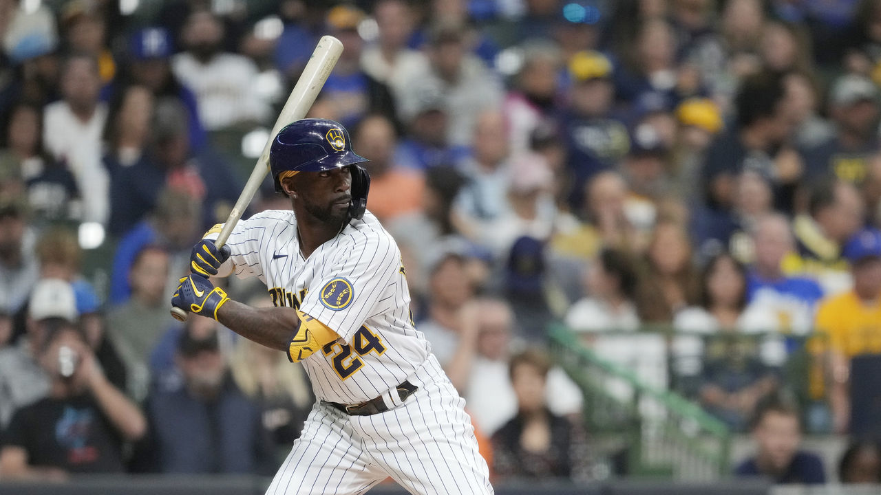 MILWAUKEE, WISCONSIN - OCTOBER 01: Andrew McCutchen #24 of the Milwaukee Brewers bats against the Miami Marlins during the second inning at American Family Field on October 01, 2022 in Milwaukee, Wisconsin.