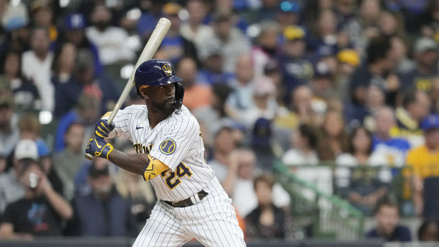 MILWAUKEE, WISCONSIN - OCTOBER 01: Andrew McCutchen #24 of the Milwaukee Brewers bats against the Miami Marlins during the second inning at American Family Field on October 01, 2022 in Milwaukee, Wisconsin.