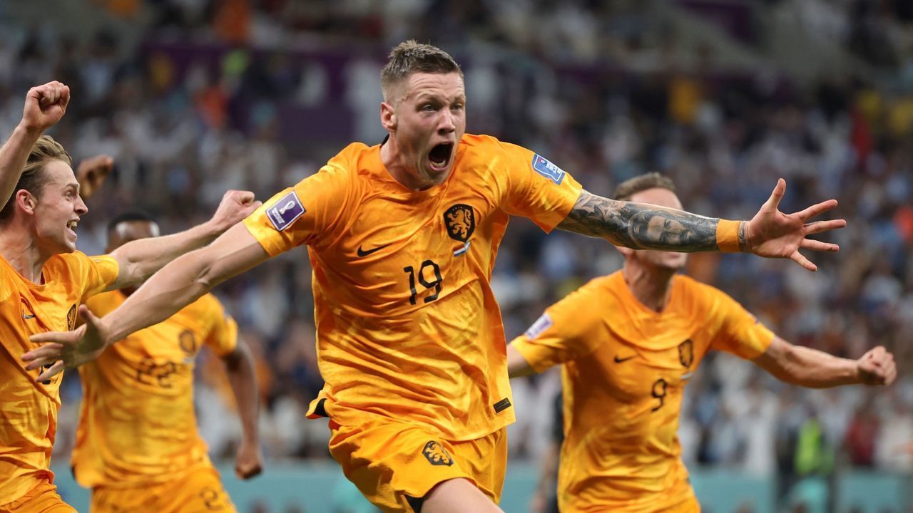 Wout Weghorst front of the Netherlands celebrates scoring during the Quarterfinal between the Netherlands and Argentina of the 2022 FIFA World Cup at Lusail Stadium in Lusail, Qatar, Dec. 9, 2022.