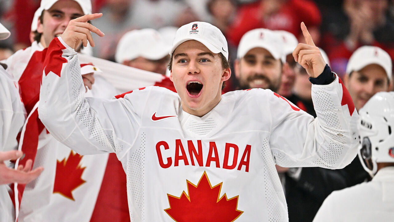 HALIFAX, CANADA - JANUARY 05: Connor Bedard #16 of Team Canada reacts as he celebrates an overtime victory against Team Czech Republic in the gold medal round of the 2023 IIHF World Junior Championship at Scotiabank Centre on January 5, 2023 in Halifax, Nova Scotia, Canada. Team Canada defeated Team Czech Republic 3-2 in overtime and become the 2023 IIHF World Junior Champions.