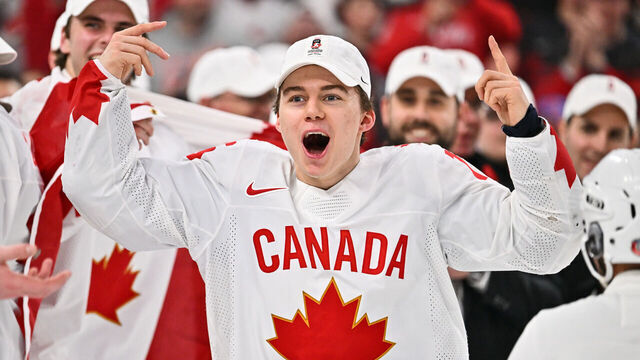 HALIFAX, CANADA - JANUARY 05: Connor Bedard #16 of Team Canada reacts as he celebrates an overtime victory against Team Czech Republic in the gold medal round of the 2023 IIHF World Junior Championship at Scotiabank Centre on January 5, 2023 in Halifax, Nova Scotia, Canada. Team Canada defeated Team Czech Republic 3-2 in overtime and become the 2023 IIHF World Junior Champions.