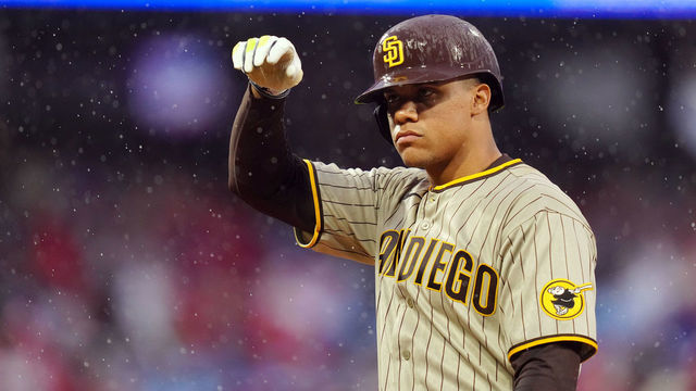 PHILADELPHIA, PA - OCTOBER 23: Juan Soto #22 of the San Diego Padres reacts from first after being walked in the eighth inning of Game 5 of the NLCS between the San Diego Padres and the Philadelphia Phillies at Citizens Bank Park on Sunday, October 23, 2022 in Philadelphia, Pennsylvania.
