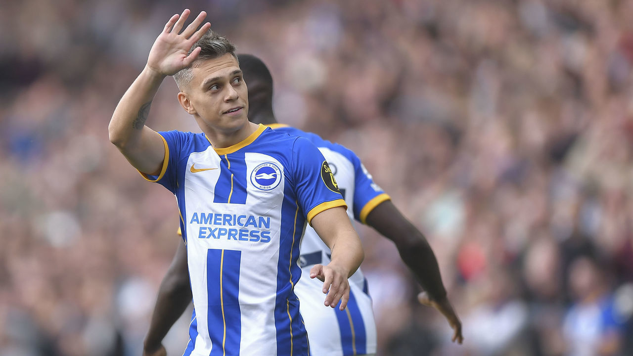 BRIGHTON, ENGLAND - OCTOBER 29: Leandro Trossard of Brighton & Hove Albion celebrates after scoring during the Premier League match between Brighton & Hove Albion and Chelsea FC at American Express Community Stadium on October 29, 2022 in Brighton, United Kingdom.