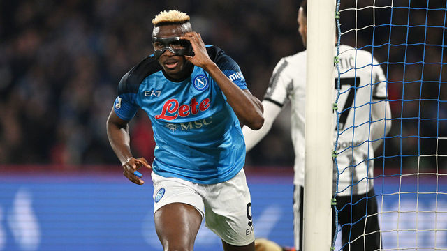 NAPLES, ITALY - JANUARY 13: Victor Osimhen of SSC Napoli celebrates after scoring the 4-1 goal during the Serie A match between SSC Napoli_Juventus at Stadio Diego Armando Maradona on January 13, 2023 in Naples, Italy.
