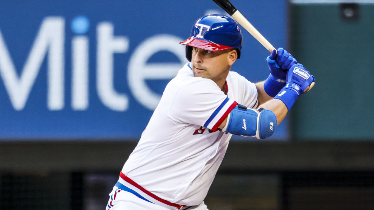 ARLINGTON, TX - OCTOBER 05: Texas Rangers first baseman Nathaniel Lowe (30) waits for a pitch during the game between the Texas Rangers and the New York Yankees on October 5, 2022 at Globe Life Field in Arlington, Texas.