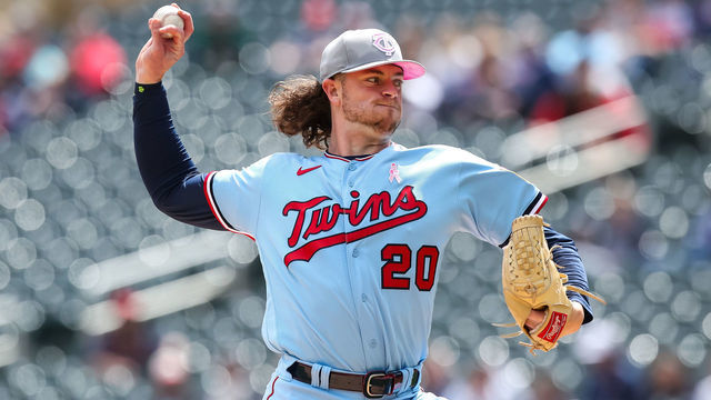 MINNEAPOLIS, MN - MAY 08: Chris Paddack #20 of the Minnesota Twins delivers a pitch against the Oakland Athletics in the first inning of the game at Target Field on May 8, 2022 in Minneapolis, Minnesota. Teams across the league are wearing pink today in honor of Mother's Day. The Twins defeated the Athletics 4-3.