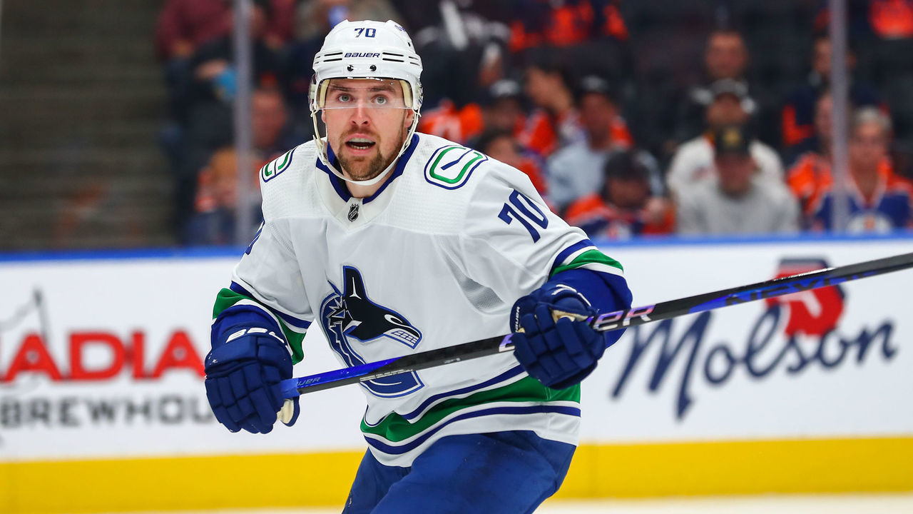 EDMONTON, AB - OCTOBER 12: Vancouver Canucks Left Wing Tanner Pearson (70) in action in the second period during the Edmonton Oilers game versus the Vancouver Canucks on October 12, 2022 at Rogers Place in Edmonton, AB.