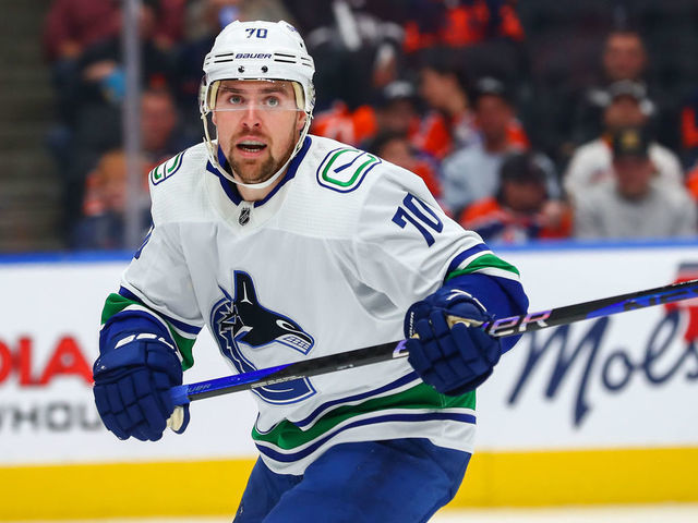 EDMONTON, AB - OCTOBER 12: Vancouver Canucks Left Wing Tanner Pearson (70) in action in the second period during the Edmonton Oilers game versus the Vancouver Canucks on October 12, 2022 at Rogers Place in Edmonton, AB.