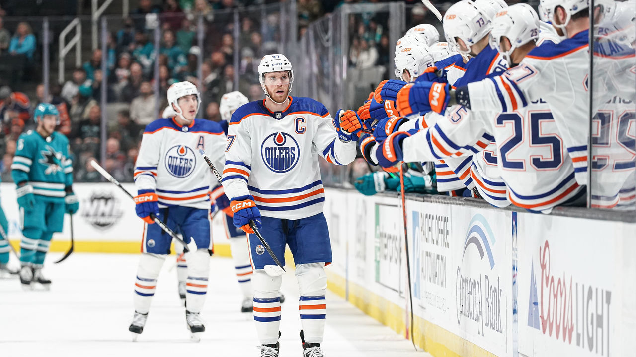 SAN JOSE, CA - JANUARY 13: Connor McDavid #97 of the Edmonton Oilers celebrates scoring a goal against the San Jose Sharks at SAP Center on January 13, 2023 in San Jose, California.