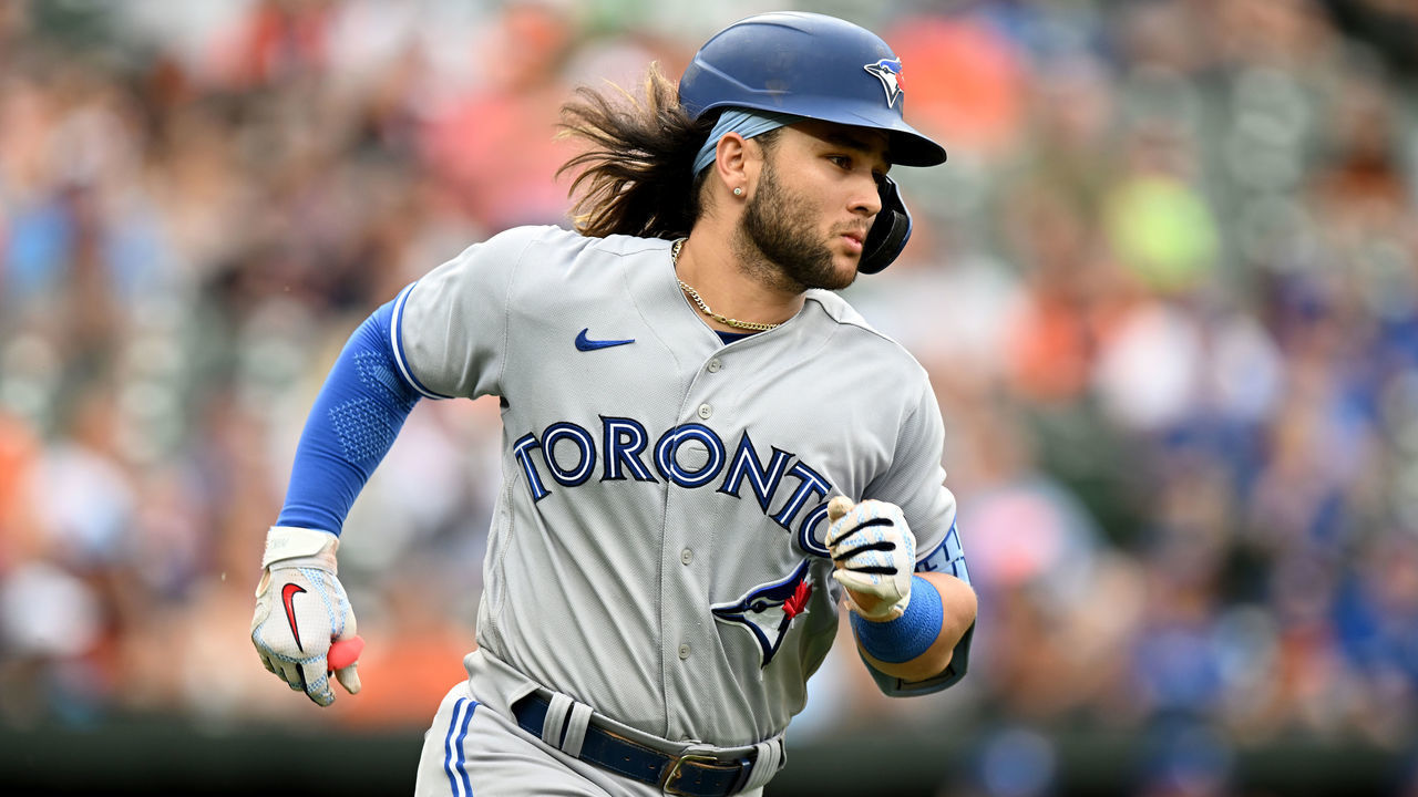 BALTIMORE, MARYLAND - SEPTEMBER 05: Bo Bichette #11 of the Toronto Blue Jays runs to first base against the Baltimore Orioles at Oriole Park at Camden Yards during game one of a double header on September 05, 2022 in Baltimore, Maryland.