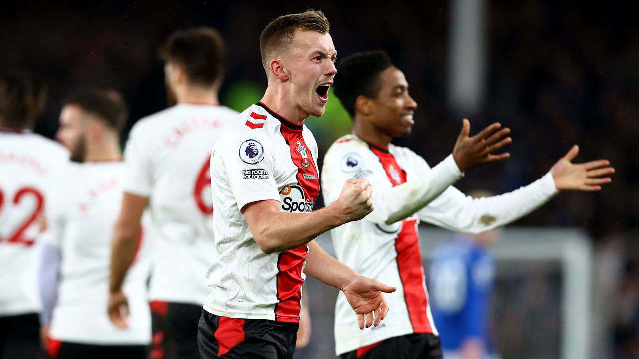LIVERPOOL, ENGLAND - JANUARY 14: James Ward-Prowse of Southampton celebrates after scoring from a free kick to make the score 2-1 during the Premier League match between Everton FC and Southampton FC at Goodison Park on January 14, 2023 in Liverpool, England.