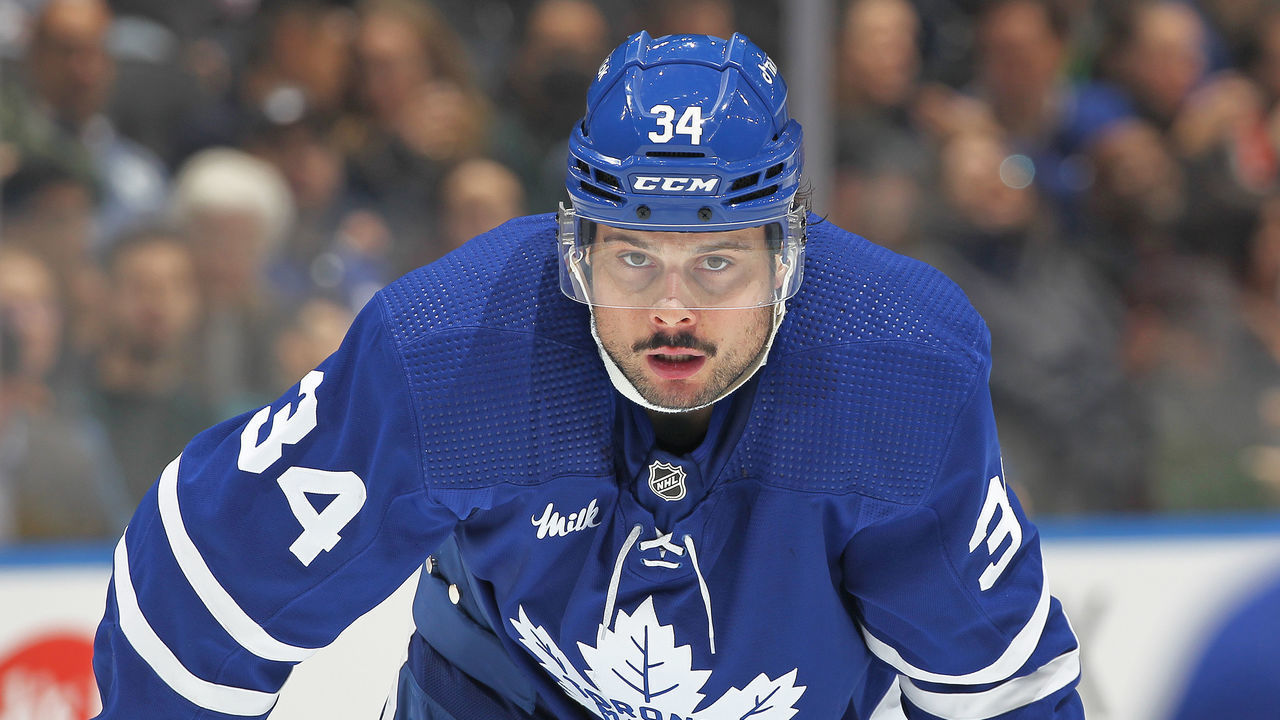 TORONTO, CANADA - JANUARY 5: Auston Matthews #34 of the Toronto Maple Leafs waits for a faceoff against the Seattle Kraken during an NHL game at Scotiabank Arena on January 5, 2023 in Toronto, Ontario, Canada. The Kraken defeated the Maple Leafs 5-1.