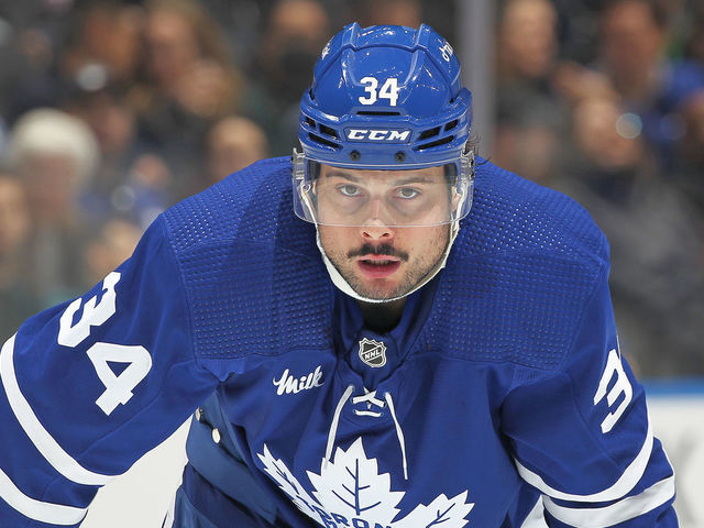 TORONTO, CANADA - JANUARY 5: Auston Matthews #34 of the Toronto Maple Leafs waits for a faceoff against the Seattle Kraken during an NHL game at Scotiabank Arena on January 5, 2023 in Toronto, Ontario, Canada. The Kraken defeated the Maple Leafs 5-1.