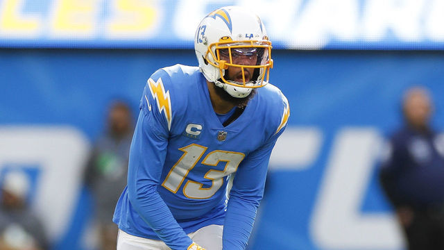 INGLEWOOD, CA - JANUARY 01: Los Angeles Chargers wide receiver Keenan Allen (13) in an offensive stance during an NFL regular season game between the Los Angeles Rams and the Los Angeles Chargers on January 01, 2023, at SoFi Stadium in Inglewood, CA.
