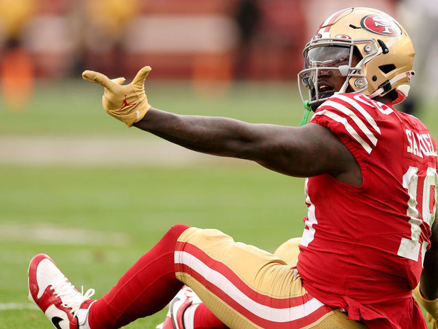 Deebo Samuel of the San Francisco 49ers reacts after a play against News  Photo - Getty Images