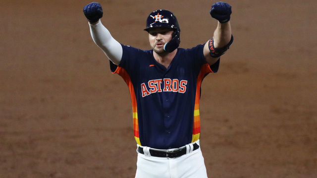 PHILADELPHIA, PA - NOVEMBER 05: Trey Mancini #26 of the Houston Astros reacts after singling in the third inning during Game 6 of the 2022 World Series between the Houston Astros and the Philadelphia Phillies at Citizens Bank Park on Saturday, November 5, 2022 in Philadelphia, Pennsylvania.