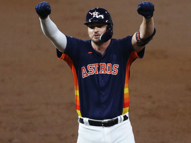 PHILADELPHIA, PA - NOVEMBER 05: Trey Mancini #26 of the Houston Astros reacts after singling in the third inning during Game 6 of the 2022 World Series between the Houston Astros and the Philadelphia Phillies at Citizens Bank Park on Saturday, November 5, 2022 in Philadelphia, Pennsylvania.