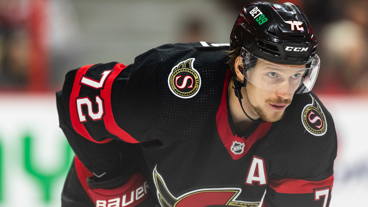 OTTAWA, ON - JANUARY 03: Ottawa Senators Defenceman Thomas Chabot (72) before a face-off during third period National Hockey League action between the Columbus Blue Jackets and Ottawa Senators on January 3, 2023, at Canadian Tire Centre in Ottawa, ON, Canada.