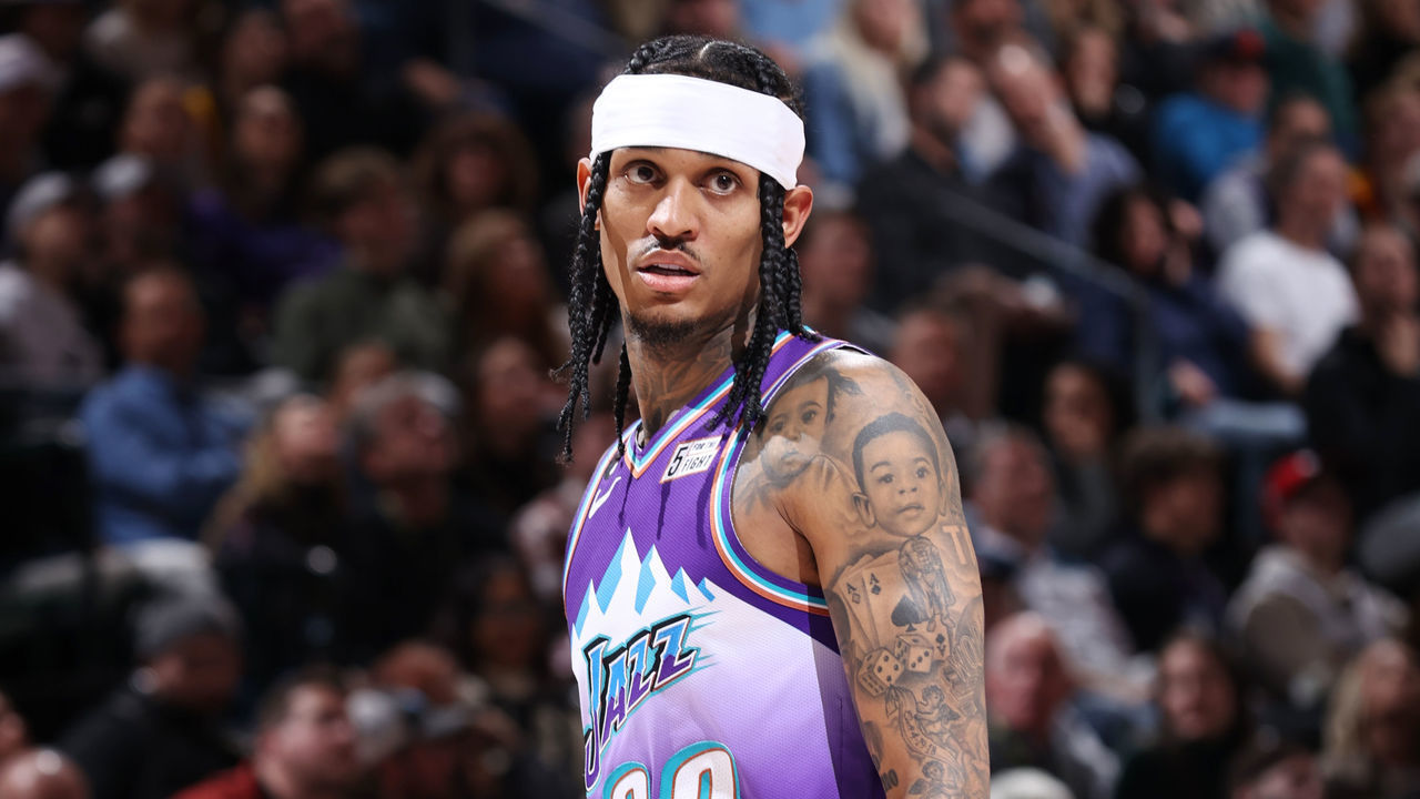SALT LAKE CITY, UT - JANUARY 14: Jordan Clarkson #00 of the Utah Jazz looks on during the game against the Philadelphia 76ers on January 14, 2023 at vivint.SmartHome Arena in Salt Lake City, Utah. Mandatory Copyright Notice: Copyright 2022 NBAE