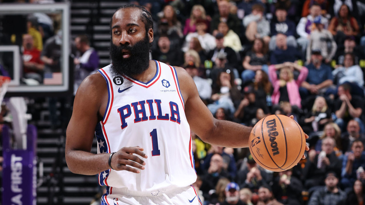 SALT LAKE CITY, UT - JANUARY 14: James Harden #1 of the Philadelphia 76ers dribbles the ball during the game against the Utah Jazz on January 14, 2023 at vivint.SmartHome Arena in Salt Lake City, Utah. Mandatory Copyright Notice: Copyright 2022 NBAE