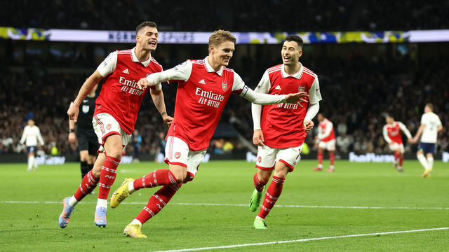 LONDON, ENGLAND - JANUARY 15: Martin Odegaard of Arsenal celebrates after scoring the team's second goal during the Premier League match between Tottenham Hotspur and Arsenal FC at Tottenham Hotspur Stadium on January 15, 2023 in London, England.