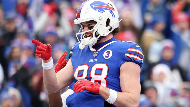 ORCHARD PARK, NEW YORK - JANUARY 08: Dawson Knox #88 of the Buffalo Bills celebrates after a receiving touchdown during the second quarter against the New York Jets at Highmark Stadium on January 08, 2023 in Orchard Park, New York.