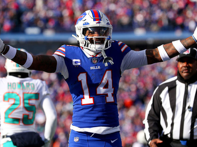 ORCHARD PARK, NEW YORK - JANUARY 15: Stefon Diggs #14 of the Buffalo Bills reacts after a reception against the Miami Dolphins during the first quarter of the game in the AFC Wild Card playoff game at Highmark Stadium on January 15, 2023 in Orchard Park, New York.