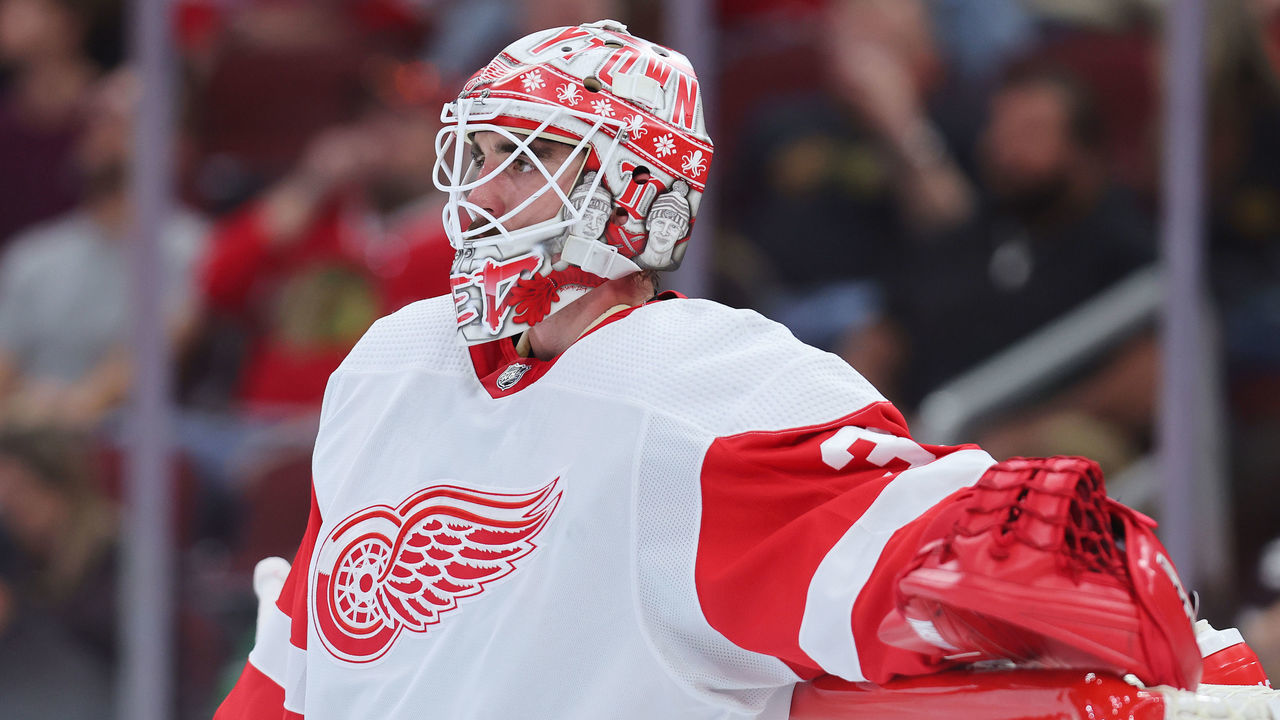 CHICAGO, ILLINOIS - OCTOBER 21: Alex Nedeljkovic #39 of the Detroit Red Wings looks on against the Chicago Blackhawks during the second period at United Center on October 21, 2022 in Chicago, Illinois.
