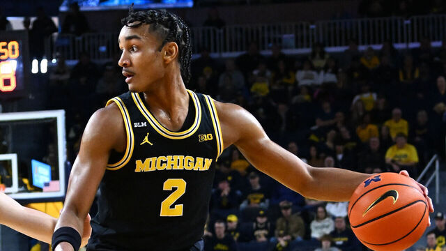 ANN ARBOR, MI - JANUARY 15: Michigan Wolverines guard Kobe Bufkin (2) dribbles on the outside during the Michigan Wolverines versus the Northwestern Wildcats game on Sunday January 15, 2023 at Crisler Center in Ann Arbor, MI.