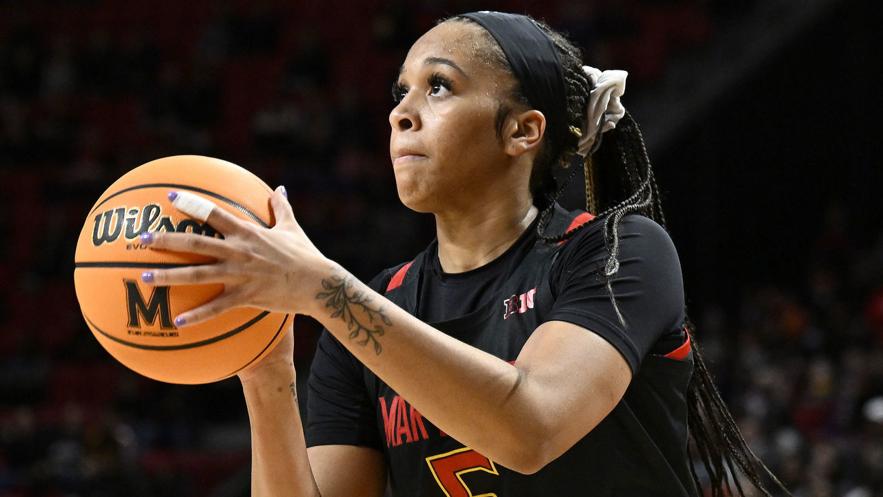 COLLEGE PARK, MARYLAND - DECEMBER 11: Brinae Alexander #5 of the Maryland Terrapins shoots the ball against the UConn Huskies at Xfinity Center on December 11, 2022 in College Park, Maryland.