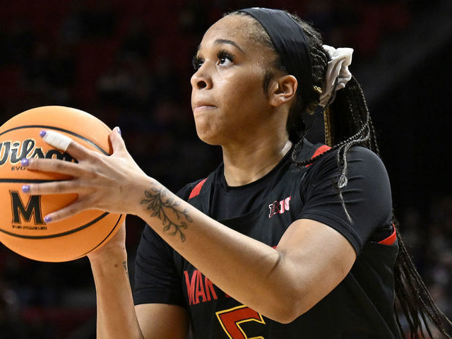 COLLEGE PARK, MARYLAND - DECEMBER 11: Brinae Alexander #5 of the Maryland Terrapins shoots the ball against the UConn Huskies at Xfinity Center on December 11, 2022 in College Park, Maryland.