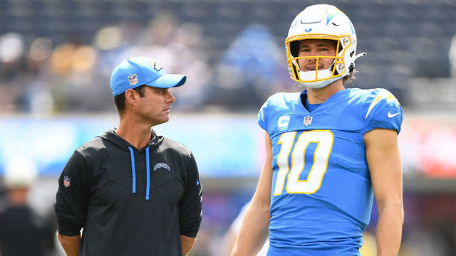 INGLEWOOD, CA - SEPTEMBER 25: Los Angeles Chargers head coach Brandon Staley looks on with quarterback Justin Herbert (10) before the NFL regular season game between the Jacksonville Jaguars and the Los Angeles Chargers on September 25, 2022, at SoFi Stadium in Inglewood, CA.