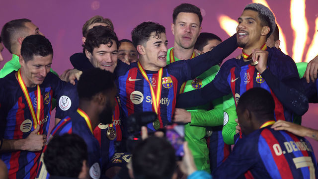 RIYADH, SAUDI ARABIA - JANUARY 15: Gavi of FC Barcelona celebrates after the team's victory during the Super Copa de Espana Final match between Real Madrid and FC Barcelona at King Fahd International Stadium on January 15, 2023 in Riyadh, Saudi Arabia.